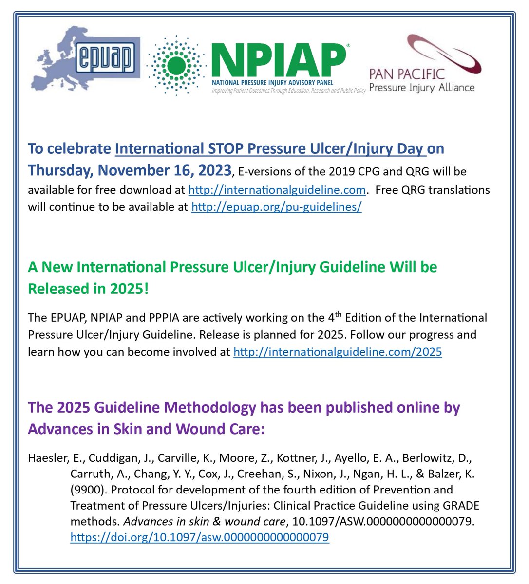 🛑On the occasion of the STOP Pressure Ulcer Day 2023, e-versions of the 2019 Clinical Practice Guideline and Quick Reference Guide will be available for 🎁free download at internationalguideline.com❕ QRG translations will continue to be available at epuap.org/pu-guidelines/.