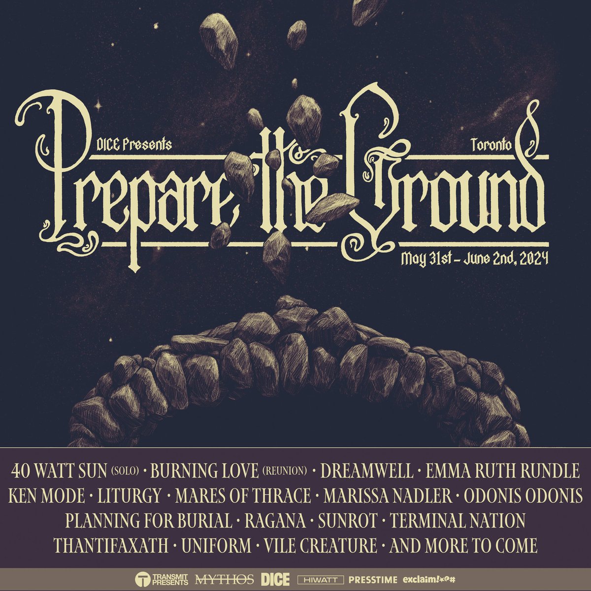 We are thrilled to announce the 1st annual Prepare the Ground arts & heavy music festival taking place 5/31-6/2 2024 in Toronto. Early bird tickets are on sale now for $128CAD (all fees/taxes included). Find lineup & ticket info at preparetheground.com