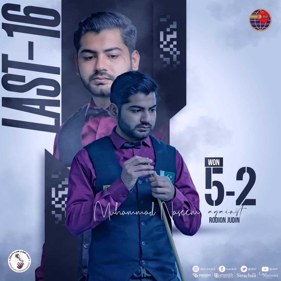 ibsf's tweet image. Naseem Akhtar from Pakistan wins 5-2 win against Rodion Judin of Latvia in the Last-16 stage of the World Men #6Red #Snooker Championship 2023

#LetsPlaySnooker 
#WorldChampionships2023 
#Doha #Qatar