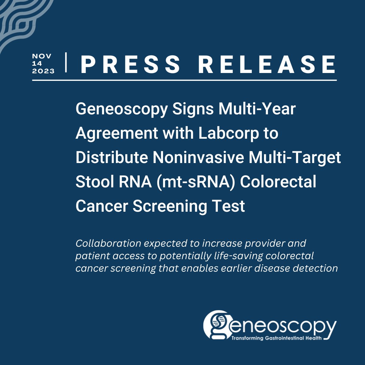 Geneoscopy is pleased to announce a strategic collaboration with @Labcorp to distribute our noninvasive, mt-sRNA colorectal cancer screening test upon approval, increasing access to potentially lifesaving screening for earlier disease detection. bit.ly/GeneoscopyandL… #GIHealth