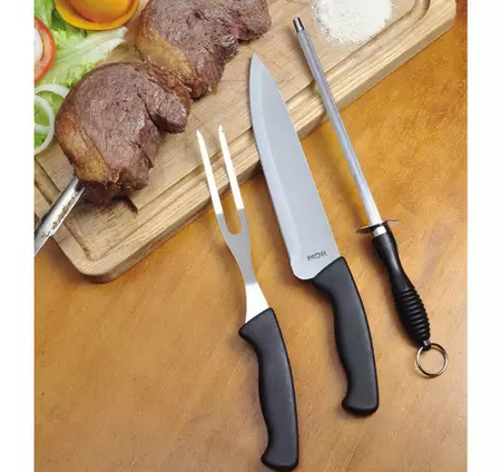Conjunto Do Assador 3 Peças Faca, Garfo E Chaira Mor