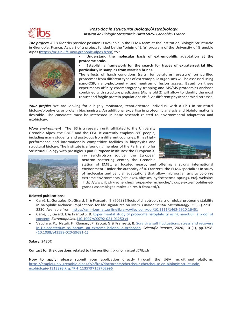 📢Check out this post-doc position in Bruno Franzetti´s Lab at IBS in Grenoble, France.

Great working environment close to the Alps!!!
#archaea #astrobiology #originoflife