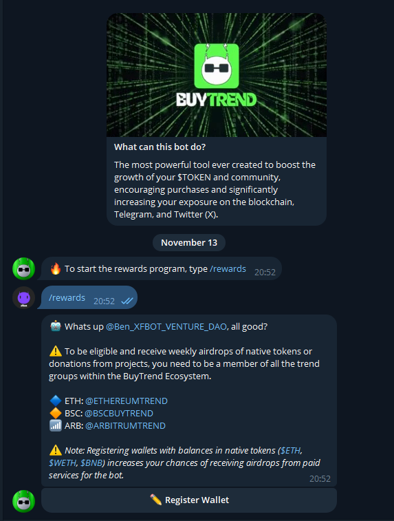 buytrendbot's tweet photo. BuyTrend is a community-based #RevenueShare distribution tool and you don't need to hold any tokens to be a part of it! The team is committed to sharing 2% of all value generated by the bot with registered members in the form of a lottery
Sign up: https://t.co/MwwWSDVaeG
#XFBOT https://t.co/cL53T0nUUB
