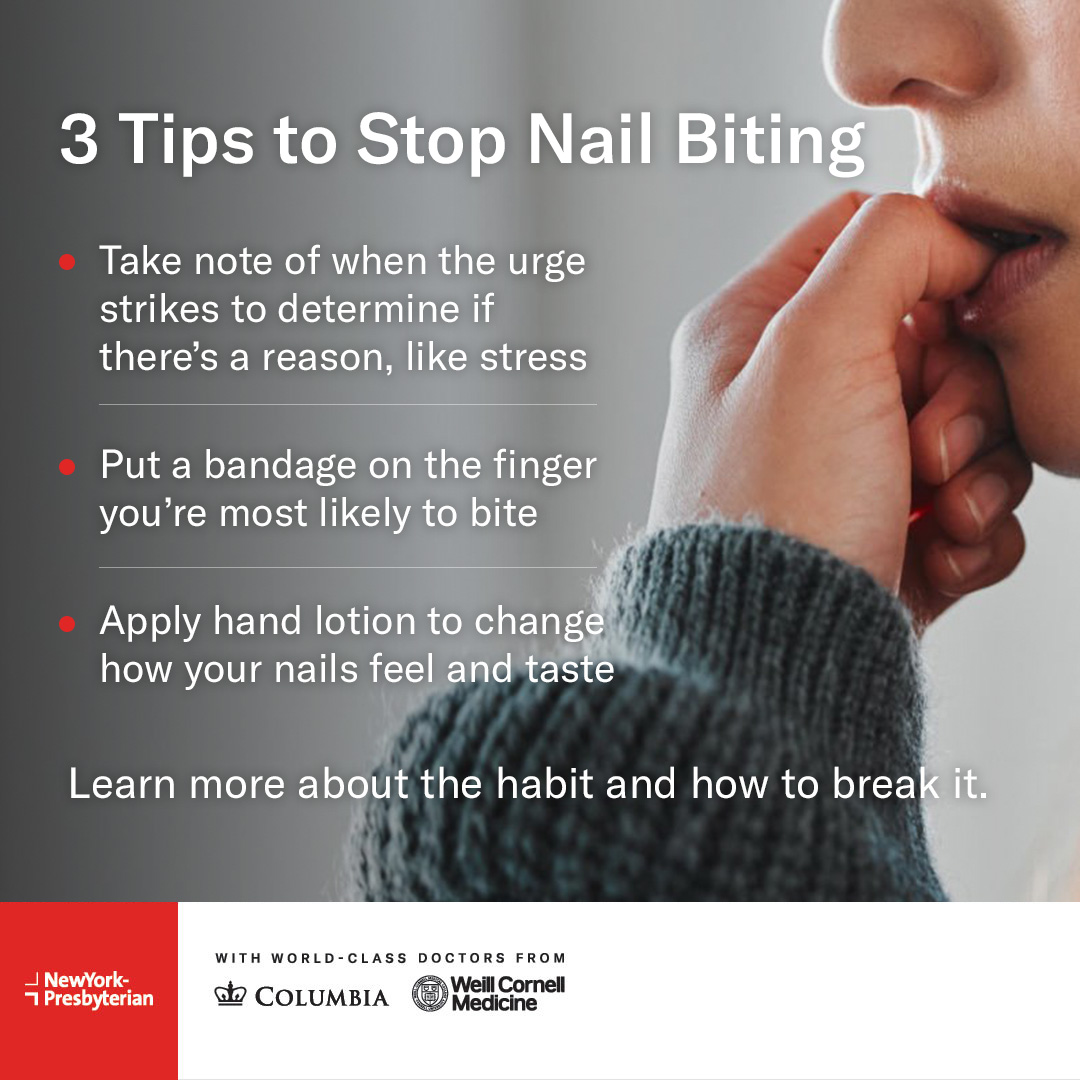 NewYork-Presbyterian (@nyphospital) on Twitter photo Habitual nail biting affects up to 30% of people in the U.S. It can be caused by underlying anxiety and lead to infections. An #NYPColumbia psychologist and #NYPWeillCornell dermatologist offer ways to help quit: nyphosp.co/40thKI2 <a href="/ColumbiaMed/">Columbia Medicine</a>, <a href="/WeillCornell/">Weill Cornell Medicine</a> Habitual nail biting affects up to 30% of people in the U.S. It can be caused by underlying anxiety and lead to infections. An #NYPColumbia psychologist and #NYPWeillCornell dermatologist offer ways to help quit: nyphosp.co/40thKI2 <a href="/ColumbiaMed/">Columbia Medicine</a>, <a href="/WeillCornell/">Weill Cornell Medicine</a>