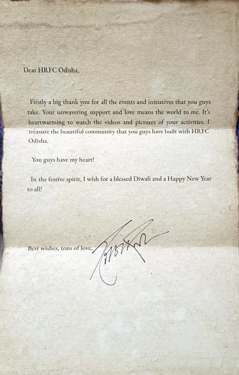 HrfcOdisha's tweet photo. Thank you @iHrithik sir for this lovely wish for us HRFC Odisha fans.
We all have cherished your memories since childhood and this is so heartening. 😍
Waiting for #Fighter #War2 and all others. 
HAPPY DIWALI SIR ✨️ 
#HrithikRoshan https://t.co/uj0MFgCnBN
