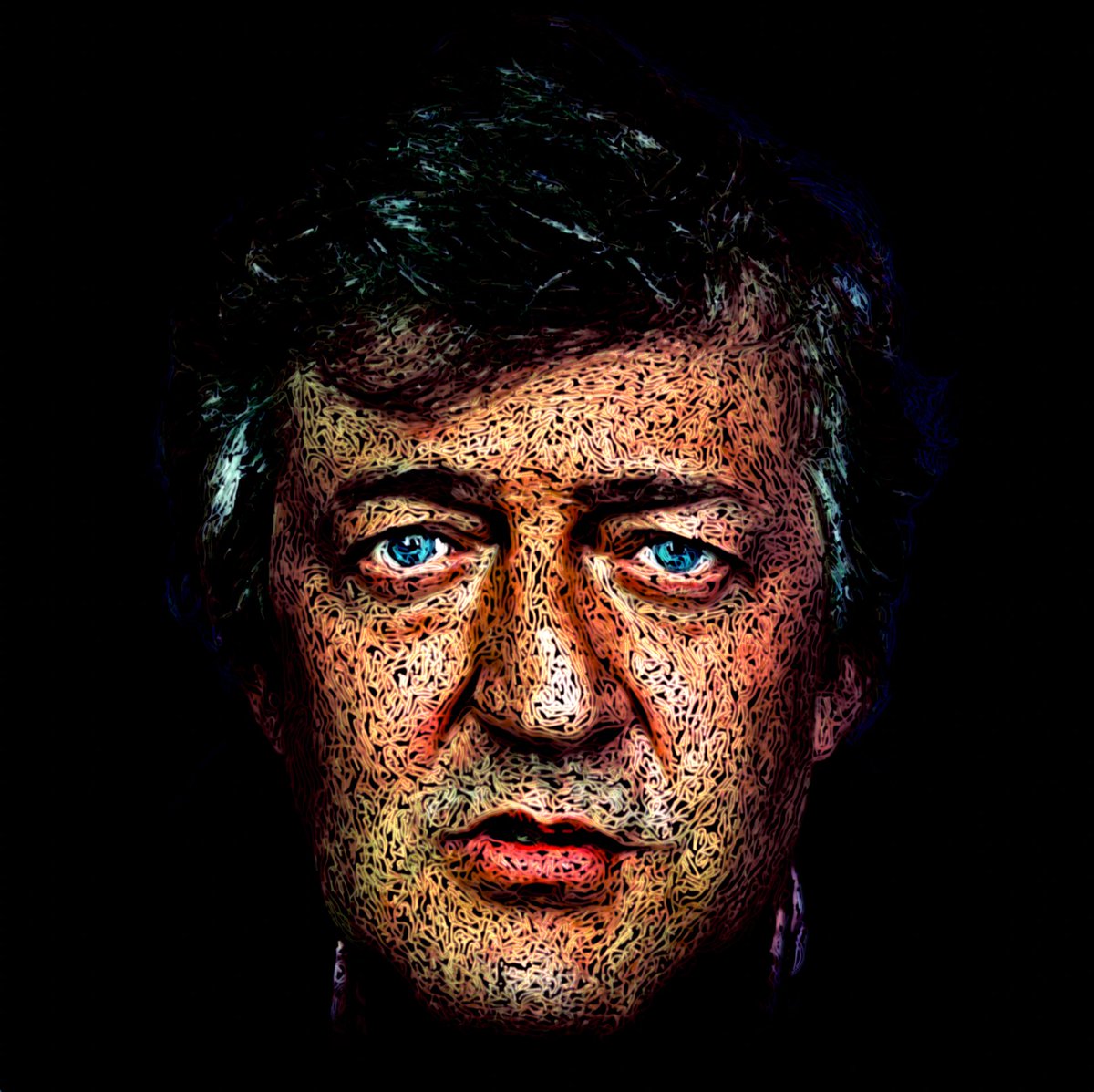 Robot Light Drawing Stephen Fry Date 7th May 2023 Exposure time 03:08:28 A still photograph taken with a long exposure from a fixed camera position, capturing our robot drawing in a dark space with light. Using AI and over 130,000 lines of bespoke code a photograph is turned
