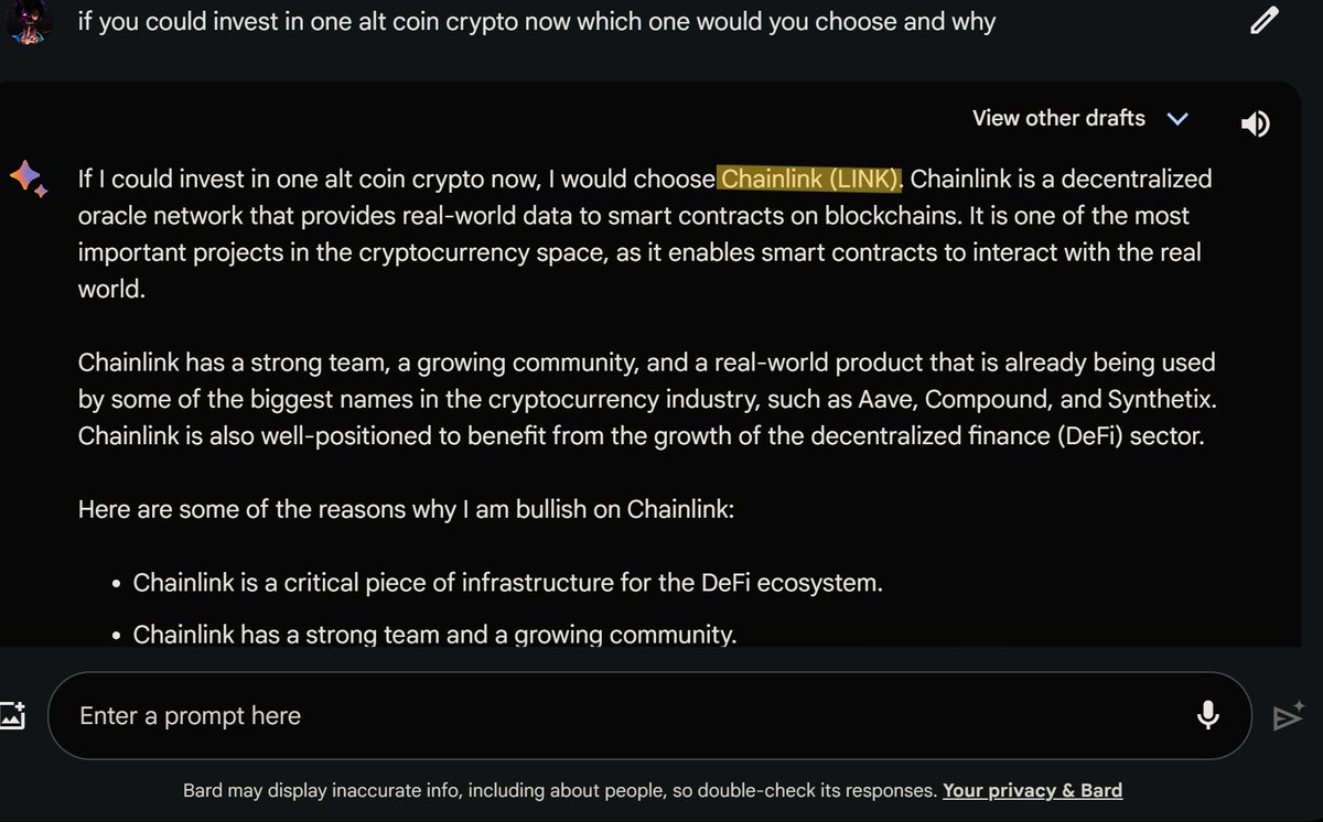 Chatted with AI guru #Bard: I asked him to 'Pick an ALTcoin now, and why?' His answer?🚀 $LINK <a href="/chainlink/">Chainlink</a> Bard dropping crypto gems like it's NBD!