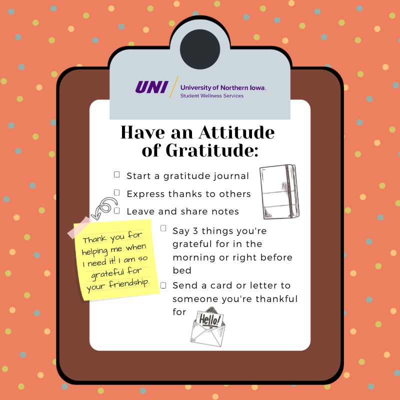 Practicing ✨GRATITUDE✨ regularly can help you reduce stress, strengthen relationships, improve your sleep, increase happiness, &amp; much more!  Student Wellness Services is here to help you have an attitude of gratitude😊
Stay tuned for more information on @unishws Instagram page!