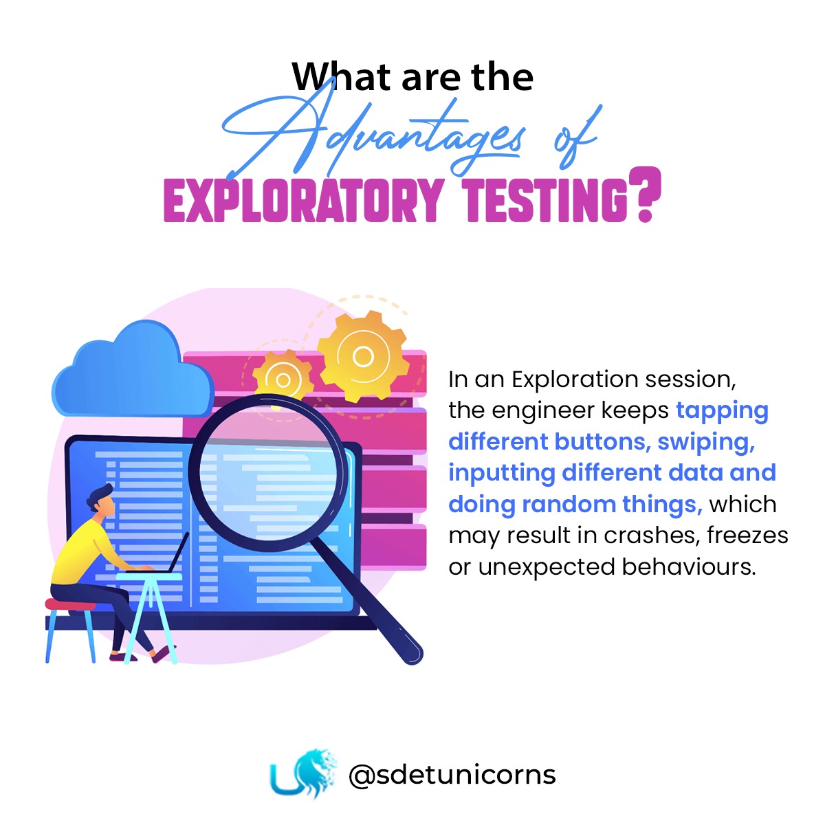 sdetunicorns's tweet image. In an Exploration session, the engineer keeps tapping different buttons, swiping, inputting different data and doing random things, which may result in crashes, freezes or unexpected behaviours.
#ExploratoryTesting #AdHocTesting #TestDiscovery #UnscriptedTesting