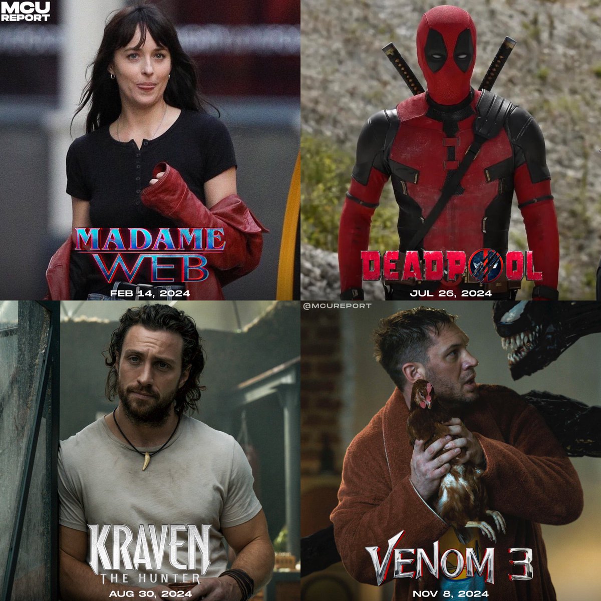 Las películas de personajes de #Marvel que se estrenarían en 2024:

• #MadameWeb — Feb 14, 2024
• #Deadpool3 — July 26, 2024
• #KravenTheHunter — Aug 30, 2024
• #Venom3 — Nov 8, 2024