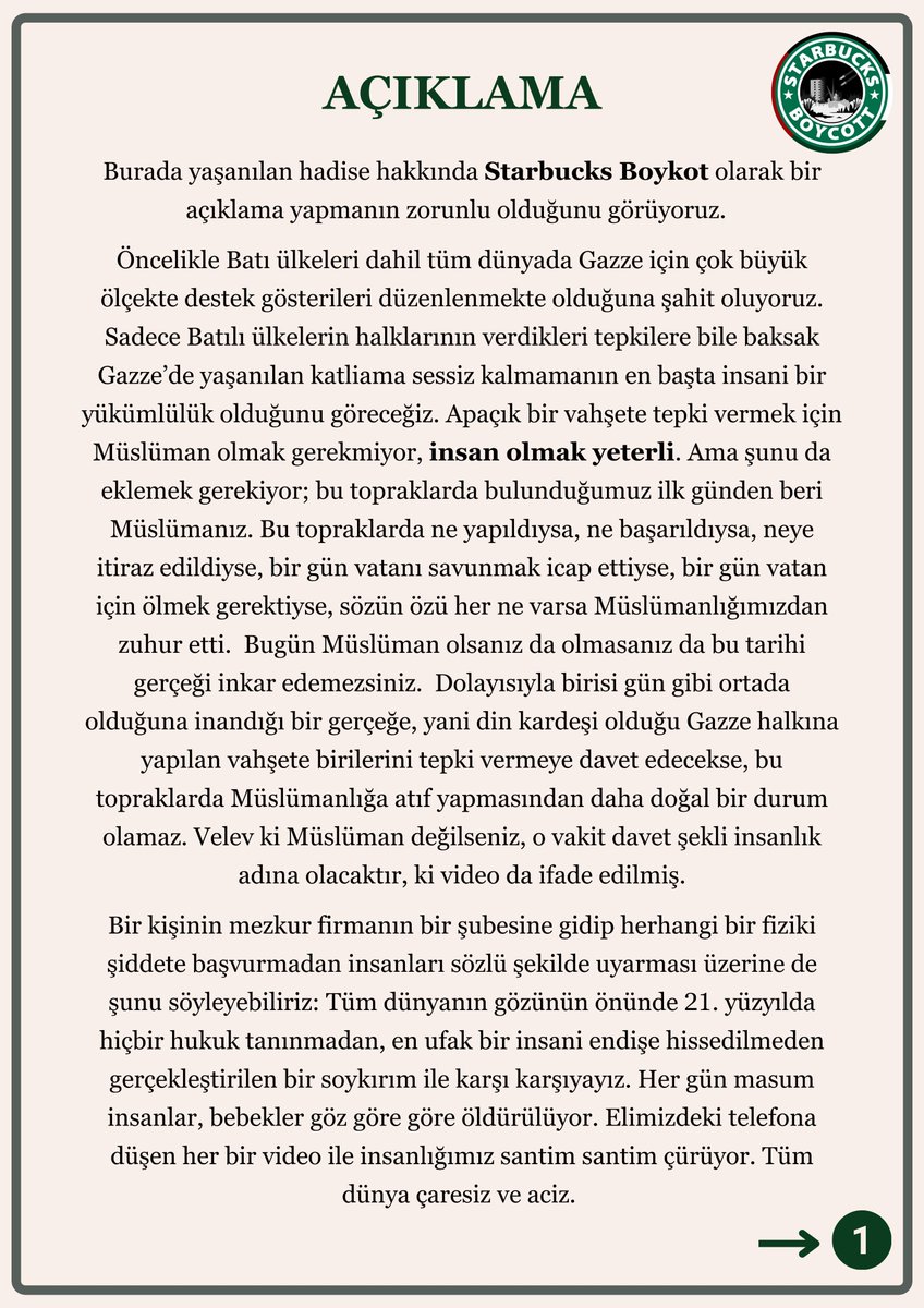 starbucksboykot's tweet photo. Starbucks Boykotu Hakkında 

Son dönemde Starbucks ile ilgili karşılaşılan hadiselere, gelen tepkilere ve genel olarak Starbucks boykotuna karşı olan tavrımız; https://t.co/X86GgAgT9u