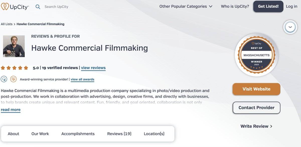 HawkeVideo's tweet image. We are incredibly happy to announce that Hawke Commercial Filmmaking has been selected for a Best of Massachusetts Award on the website UpCity!  We always make great efforts to prioritize client relations, and it's wonderful to see this incentive pay off.