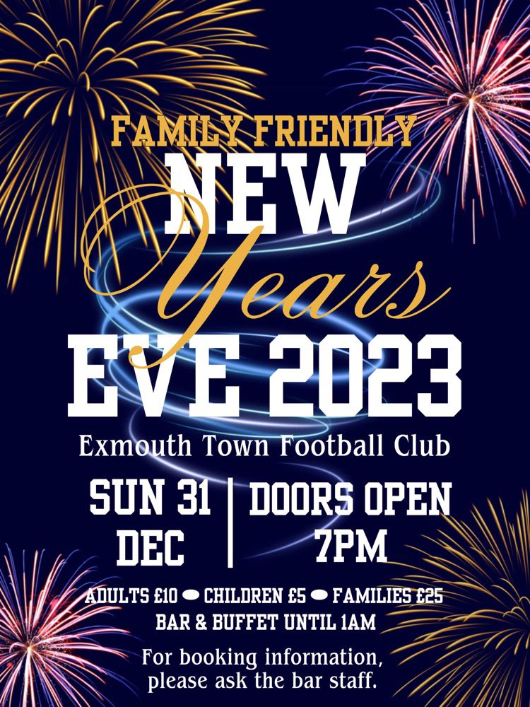 Planning for Xmas and NYE ? 
Have a look at what’s on at <a href="/ExmouthTown_FC/">Exmouth Town FC</a> ! 
Fri 8th Dec John Hartson 
Sat 9 th Men in Black 
Sat 16th Kids meet Santa.
Sun 31 ST Dec NYE party &amp;Disco ! <a href="/town_teams/">Exmouth Town Youth Teams</a> <a href="/exmouthjournal/">Exmouth Journal</a> <a href="/eastdevonradio/">DevonAirGold</a> <a href="/nonleaguevol/">Non-League Volunteers</a>