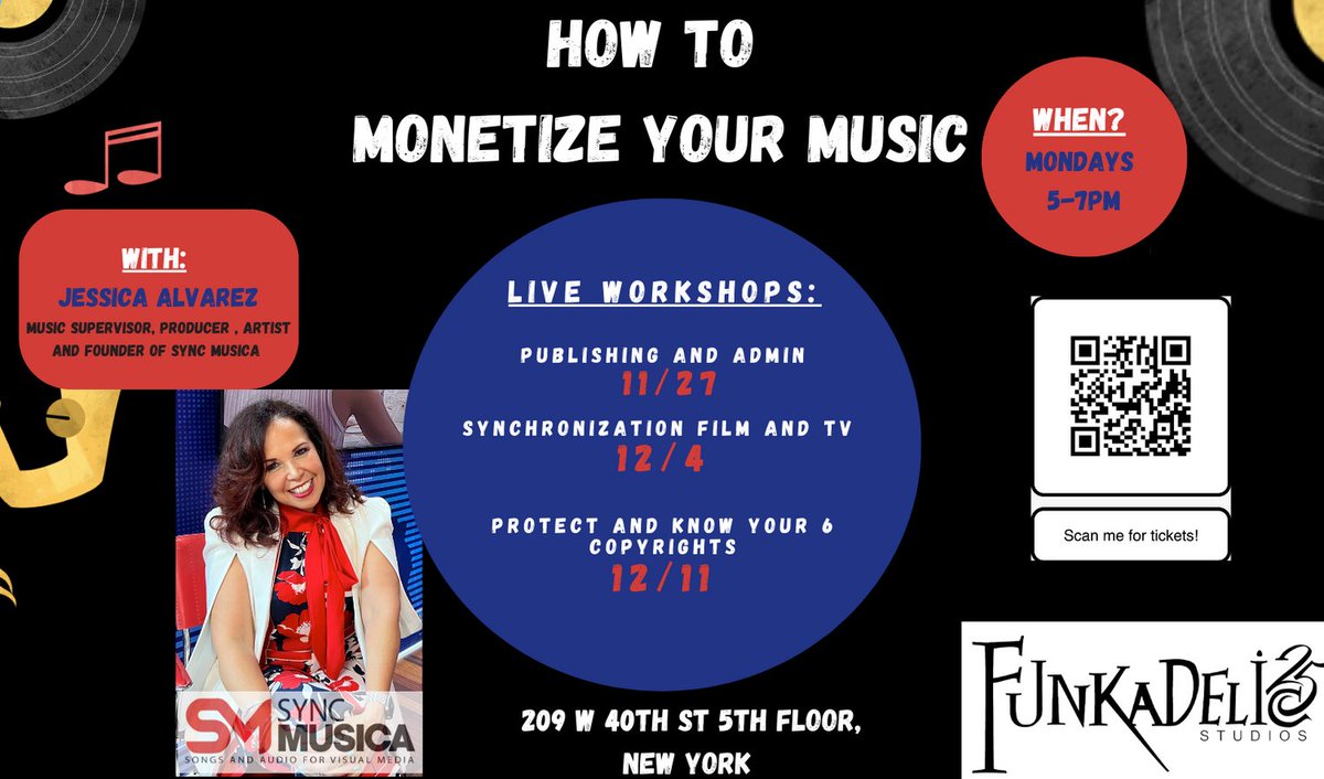 NYC event for Indie artists, songwriters and composers. Go register on Eventbrite to attend !
All workshops are different and you will walk away with valuable resources for your music career. 
#NYC #indieartists #singersongwriters #composers @syncmusica @funkadelicstudios