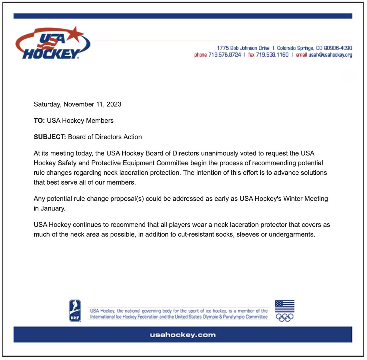 As an organization, we are monitoring all announcements and recommendations from USA Hockey, the PHL, and the SCHL regarding neck guards. We will keep everyone updated on this season and on any potential changes for next year. 

See attached updates from USA Hockey and the SCHL