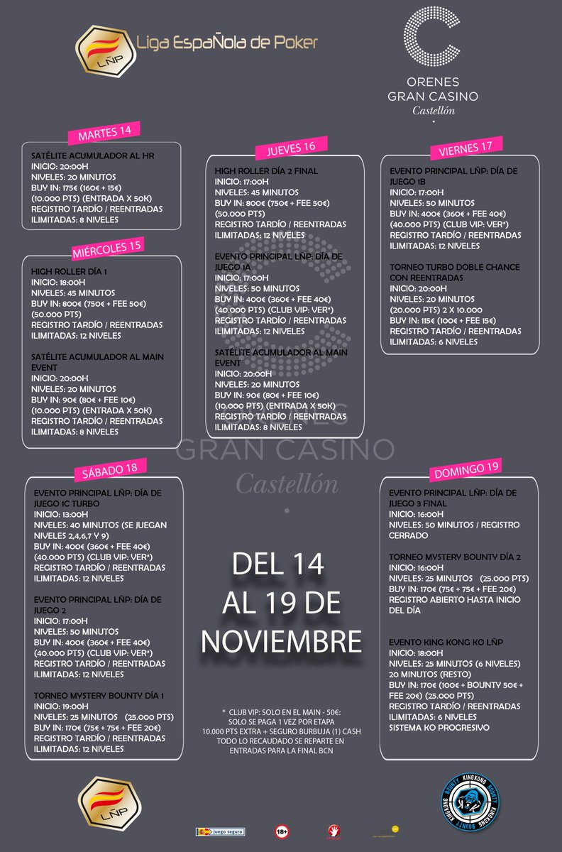 💥ARRANCAMOS 💥

Esta semana disfrutaremos del poker en <a href="/CasinoCastellon/">Orenes Gran Casino Castellón</a> con la LÑP.

Muchos clasificados, más confirmados y sobre todo, espadas en alto en busca del pase a WSOP2024 en Las Vegas q irá a parar a las manos del ganador de la general.

Tendréis todo en <a href="/poker_red/">Poker-Red</a>