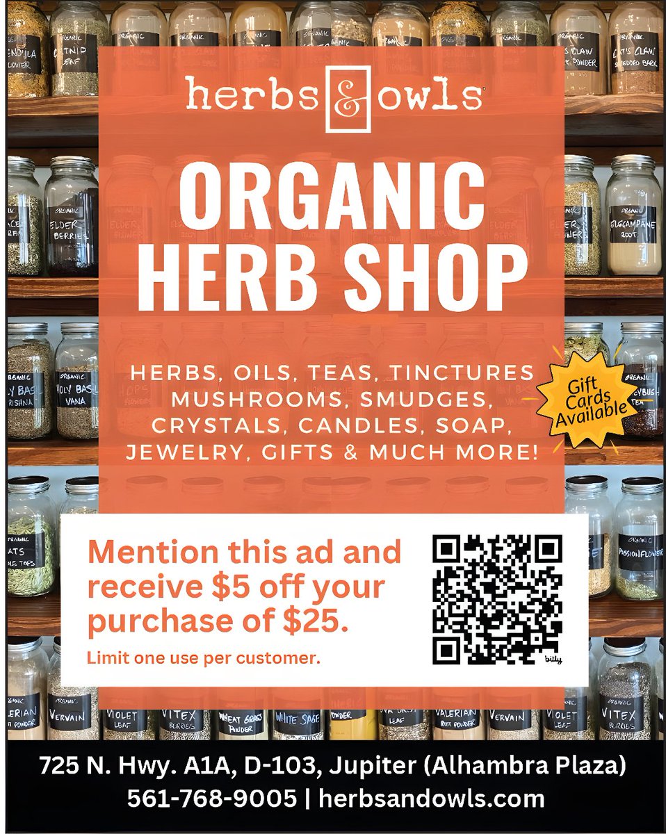 Mention this ad to receive $5 off your purchase of $25 at Herbs & Owls!! #herbshop #organic #organicshop #organicherbs #candles #tea #orangepeeladvertiser