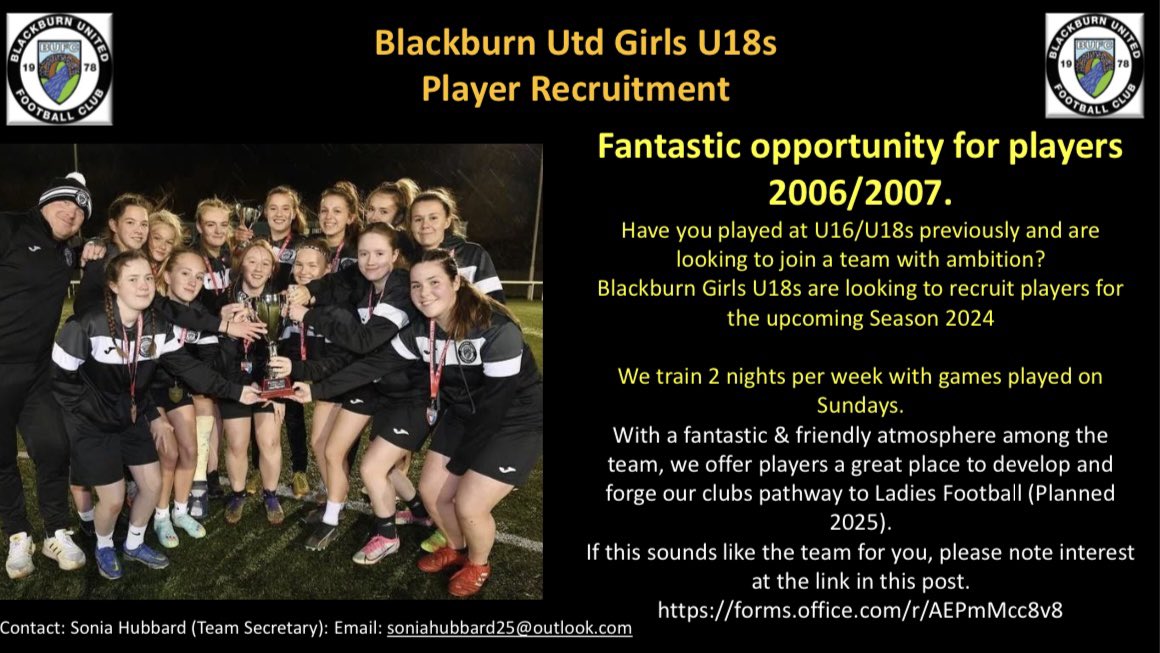 BBUG18s's tweet photo. ⚽️U18s RECRUITMENT POST⚽️

Blackburn Girls are recruiting for Season 24 and would love to hear from any 2007/2006 players looking to join our squad.  

Please note your interest at the link below and we’ll be in touch.

https://t.co/JyEdHAq2G2 https://t.co/nPo1KPlx5x