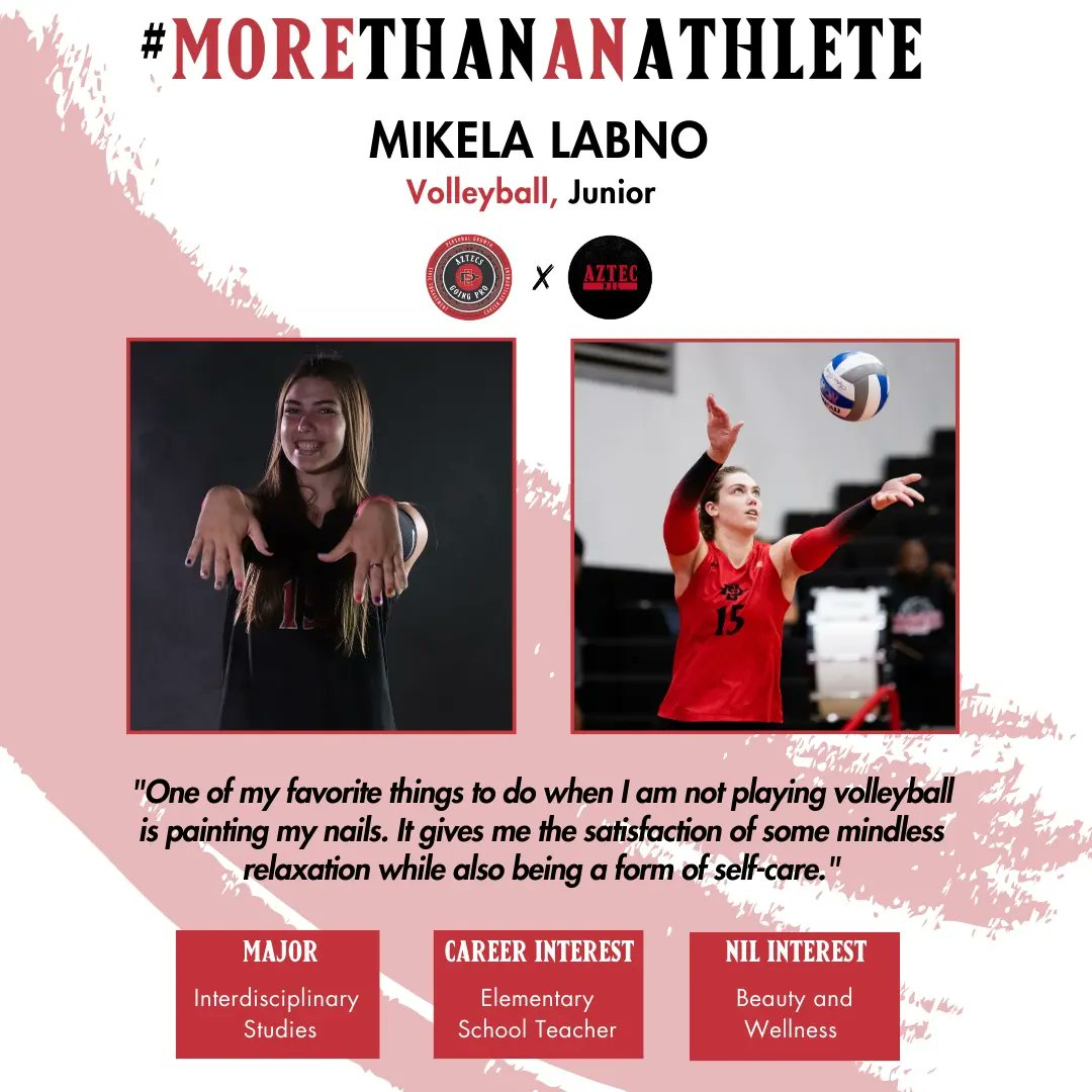 AztecsGoingPro's tweet photo. Introducing our featured student-athlete of the week, Mikela Labno! 🏐🌟💅
Join us in celebrating her as she represents the @AztecVB squad in the #MoreThanAnAthlete series.
#AztecsGoingPro #GoAztecs #NIL #BuildTheBrand https://t.co/HfT7JCYMvS
