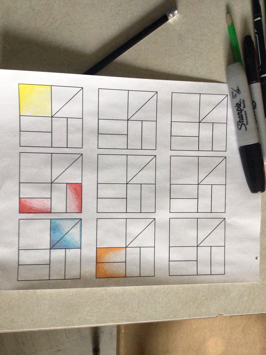 ESwinemer's tweet image. How many ways can you show one quarter? Gr 7 Ss @LeslieThomasSch used a fraction square to shade 1/4 as many different ways as they could. One question that led to lots of rich conversations. #HRCEMath @FractionTalks