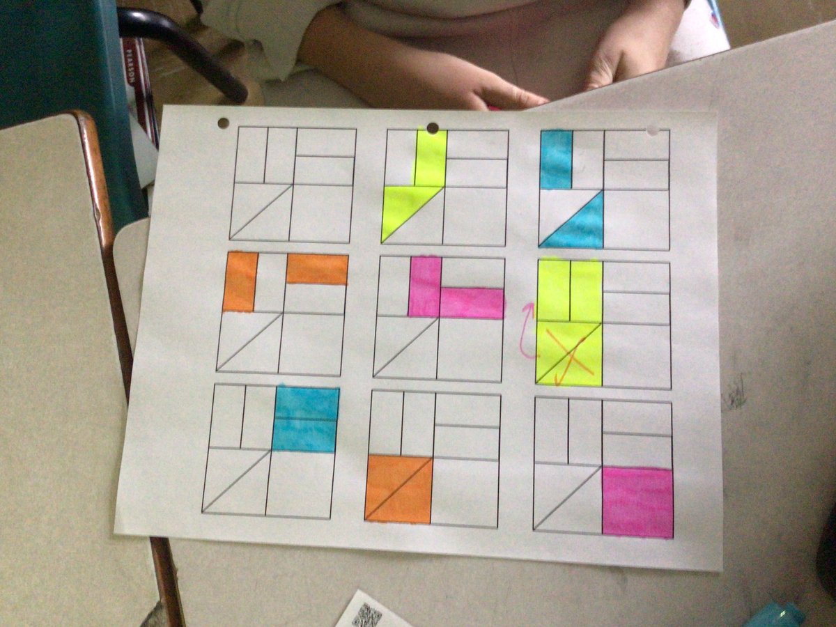 ESwinemer's tweet image. How many ways can you show one quarter? Gr 7 Ss @LeslieThomasSch used a fraction square to shade 1/4 as many different ways as they could. One question that led to lots of rich conversations. #HRCEMath @FractionTalks
