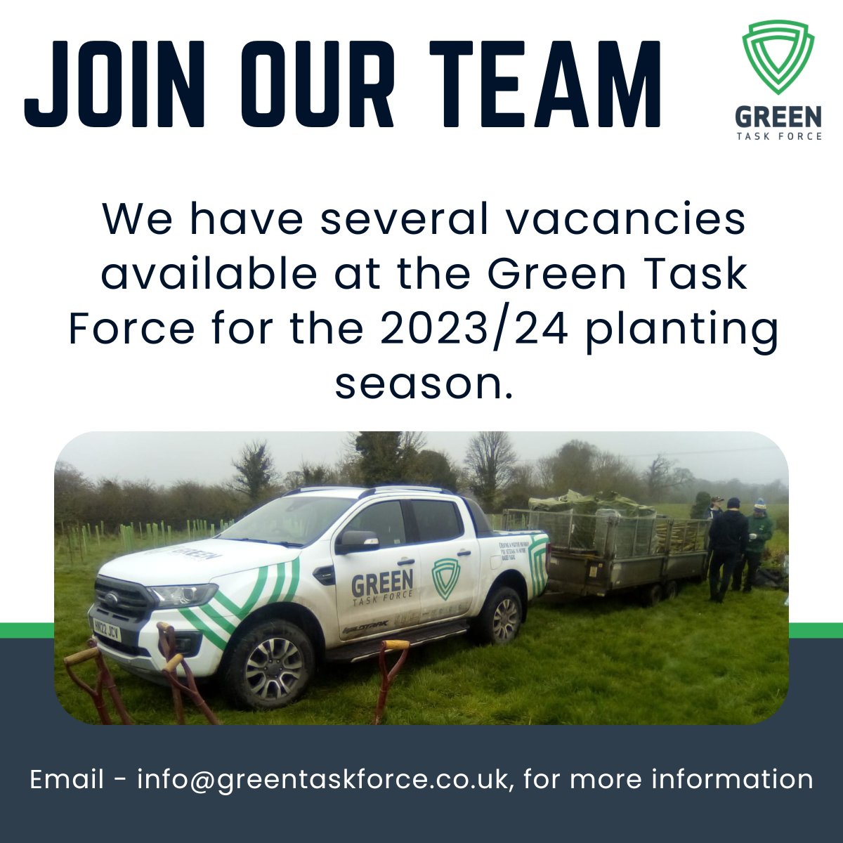 Are you a #Veteran, #ServiceLeaver or #BlueLightWorker looking for your next challenge?

We have several #vacancies available at the Green Task Force for the 2023/24 planting season.

If you would like to know more about these opportunities, email - info@greentaskforce.co.uk