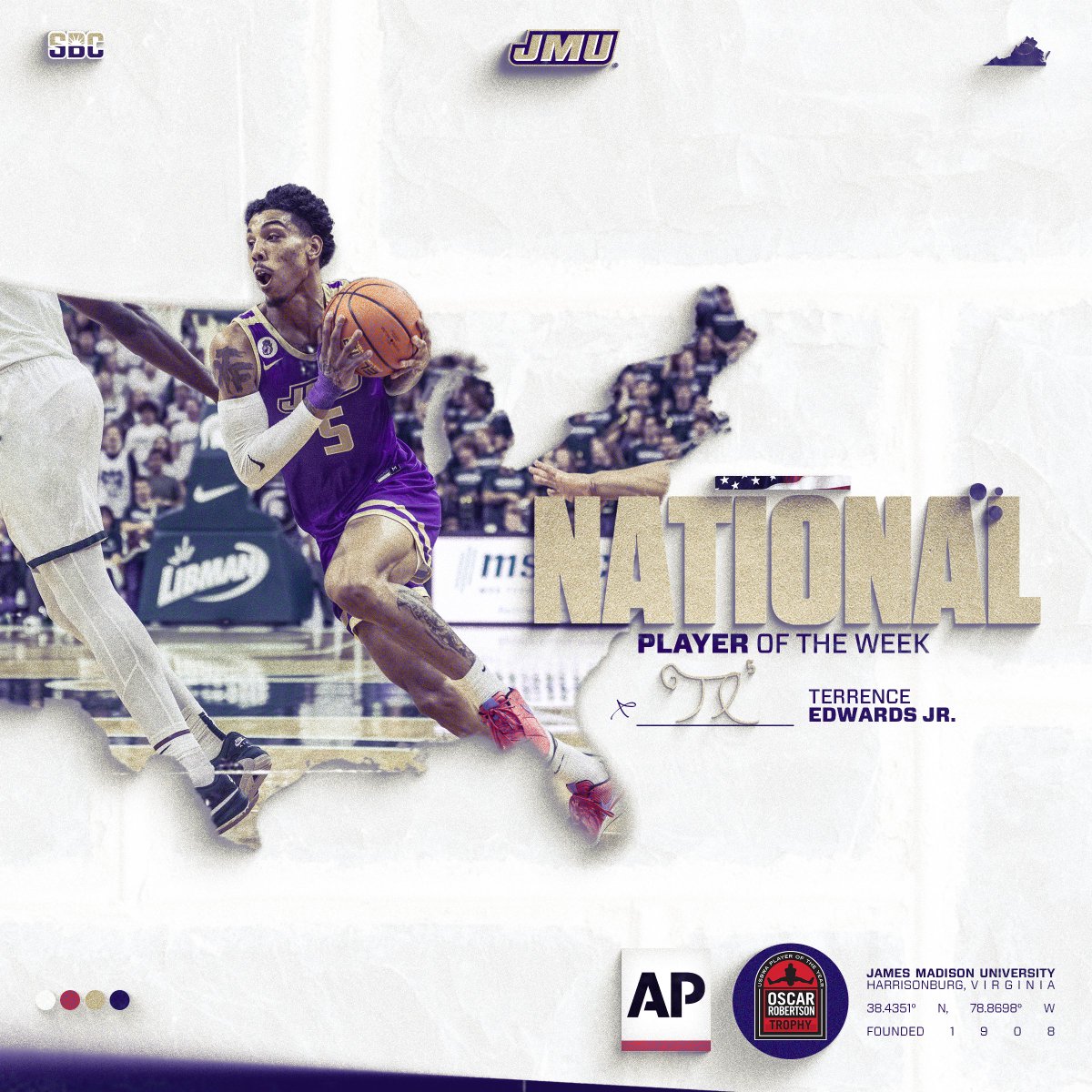 JMUMBasketball's tweet photo. 𝙉𝘼𝙏𝙄𝙊𝙉𝘼𝙇 &amp; 𝘾𝙊𝙉𝙁𝙀𝙍𝙀𝙉𝘾𝙀 𝙋𝙇𝘼𝙔𝙀𝙍 𝙊𝙁 𝙏𝙃𝙀 𝙒𝙀𝙀𝙆

🏆 Terrence Edwards Jr. 🏆

📝 https://t.co/nLAwBOjohK

#GoDukes https://t.co/G66UEVeCiM