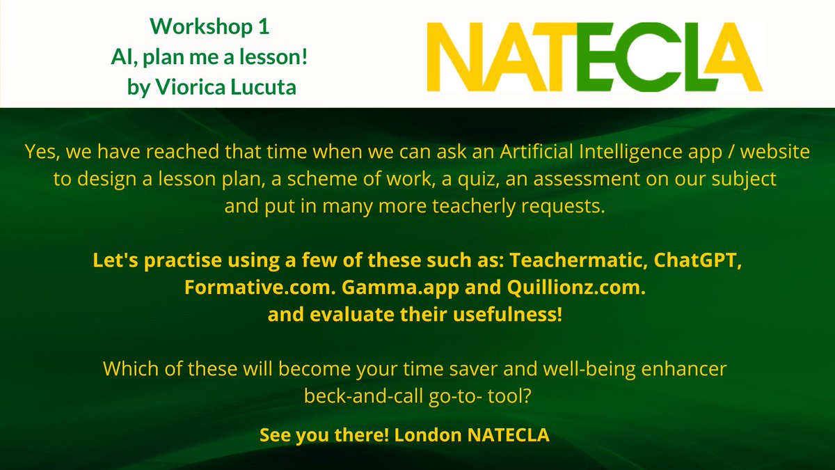 NATECLA London (@nateclaldn) on Twitter photo Save the date for our face2face conference
on Friday 1st Dec (10-2)
"Digital technologies: Friend or Foe?’
City Lit, 1 - 10 Keeley Street, WC2B 4BA
We are capped at 40, so book now: bit.ly/London-Dec2023
<a href="/NATECLA/">NATECLA National Centre</a> <a href="/NateclaEast/">NATECLA East Of England</a> <a href="/NATECLA_NW/">NATECLA NW Branch</a>
#ESOLchat #ESOL Save the date for our face2face conference
on Friday 1st Dec (10-2)
"Digital technologies: Friend or Foe?’
City Lit, 1 - 10 Keeley Street, WC2B 4BA
We are capped at 40, so book now: bit.ly/London-Dec2023
<a href="/NATECLA/">NATECLA National Centre</a> <a href="/NateclaEast/">NATECLA East Of England</a> <a href="/NATECLA_NW/">NATECLA NW Branch</a>
#ESOLchat #ESOL