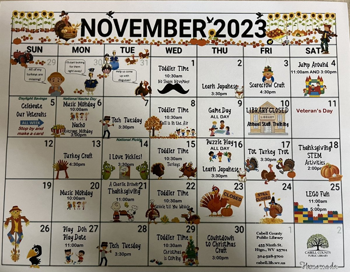 Check out the Cabell County Public Library’s November calendar 🍂