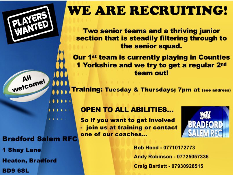 Interested in playing, wanting to increase your fitness and/or wanting to be part of a family club? We would love you to join our club 😁

Turn up at training or contact one of our coaches… please note training is @ St Bedes Fitness room 6:45pm on Tuesdays! 

<a href="/yorkshire_rfu/">YorkshireRFU</a>