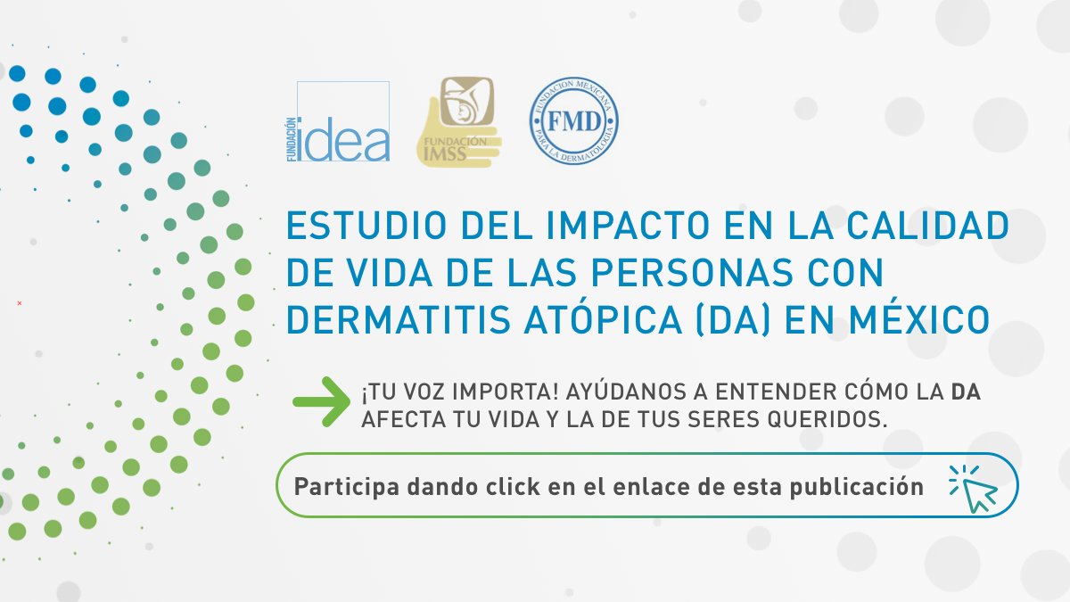 🗣️ ¡Atención personas con Dermatitis Atópica o que cuidan a alguien con DA! Te invitamos a participar en el estudio sobre el impacto de la DA en la calidad de vida y visibilizar la experiencia de vivir con esta enfermedad en MX. Responde la encuesta aquí: shorturl.at/agDLT