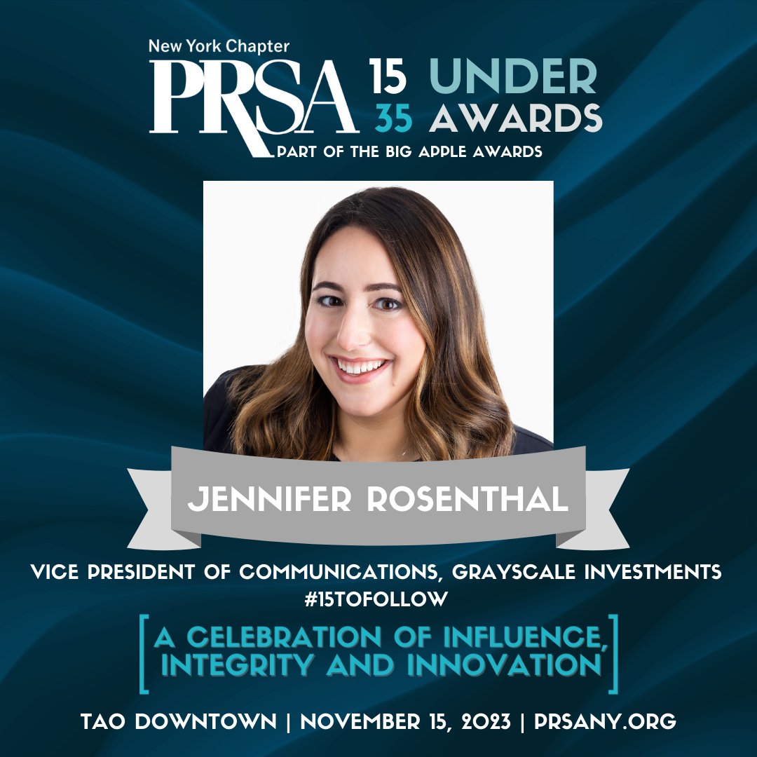 2023 15 Under 35 Winner Spotlight: Jennifer Rosenthal, Head of Communications &amp; Public Affairs, Grayscale

Celebrate Jennifer during the #BigAppleAwards! Purchase your ticket or table at the link in our bio!

#BigAppleAwards2023 #15ToFollow