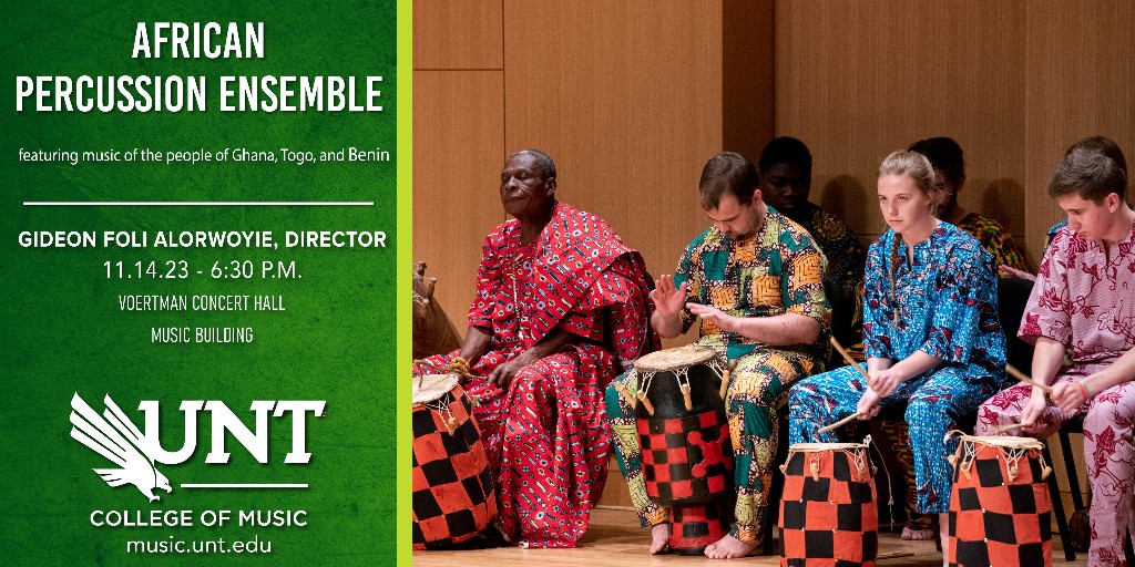 WORLD MUSIC: Under the direction of Professor Gideon Foli Alorwoyie, the African Percussion Ensemble will perform music of the people of Ghana, Togo, and Benin in Voertman Concert Hall. #WorldMusic #AfricanPercussion #VoertmanConcertHall