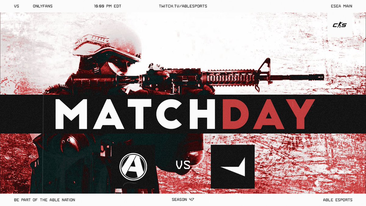 Able Esports (@ableesports) on Twitter photo Our #CSGO team is in #ESEA Main Season 47 action tonight. Let's get it!
🆚 OnlyFans
🕒 10 PM EST
📺 twitch.tv/ablesports
🎙️ <a href="/able_mil/">Emil ".mil" Vanjaka</a>
<a href="/larouche_91/">chuckkk</a>
<a href="/fronttt/">froNt^M</a>
<a href="/CSGO_Kizy/">Kizy</a>
<a href="/KRL_CS/">karl-andré</a>
<a href="/Senpaii_cs/">Senpaii</a> Our #CSGO team is in #ESEA Main Season 47 action tonight. Let's get it!
🆚 OnlyFans
🕒 10 PM EST
📺 twitch.tv/ablesports
🎙️ <a href="/able_mil/">Emil ".mil" Vanjaka</a>
<a href="/larouche_91/">chuckkk</a>
<a href="/fronttt/">froNt^M</a>
<a href="/CSGO_Kizy/">Kizy</a>
<a href="/KRL_CS/">karl-andré</a>
<a href="/Senpaii_cs/">Senpaii</a>