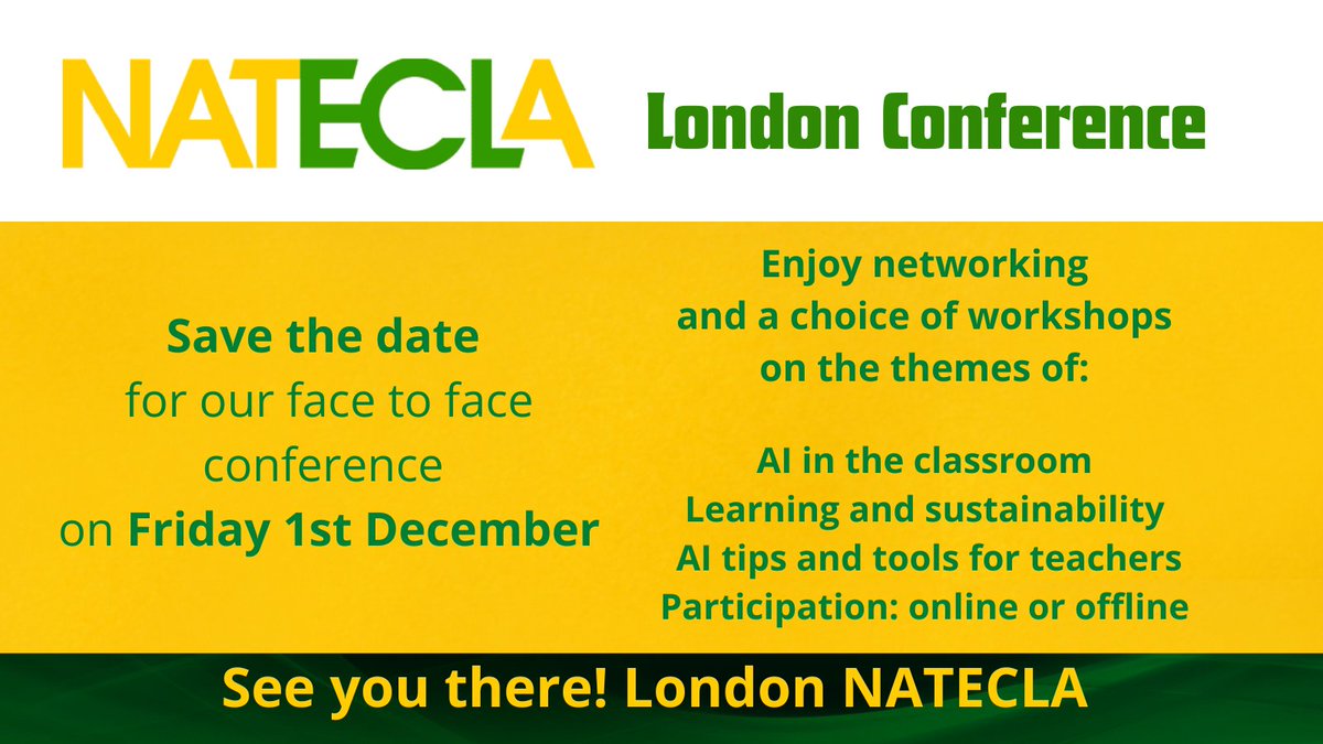 NATECLA London (@nateclaldn) on Twitter photo Save the date for our face2face conference on Friday 1st Dec (10am-2pm)
"Digital technologies: Friend or Foe?’
City Lit, 1 - 10 Keeley Street, WC2B 4BA
We are capped at 40, so book now: bit.ly/London-Dec2023
<a href="/NATECLA/">NATECLA National Centre</a> <a href="/NateclaEast/">NATECLA East Of England</a> <a href="/NATECLA_NW/">NATECLA NW Branch</a>
#ESOLchat #ESOL Save the date for our face2face conference on Friday 1st Dec (10am-2pm)
"Digital technologies: Friend or Foe?’
City Lit, 1 - 10 Keeley Street, WC2B 4BA
We are capped at 40, so book now: bit.ly/London-Dec2023
<a href="/NATECLA/">NATECLA National Centre</a> <a href="/NateclaEast/">NATECLA East Of England</a> <a href="/NATECLA_NW/">NATECLA NW Branch</a>
#ESOLchat #ESOL