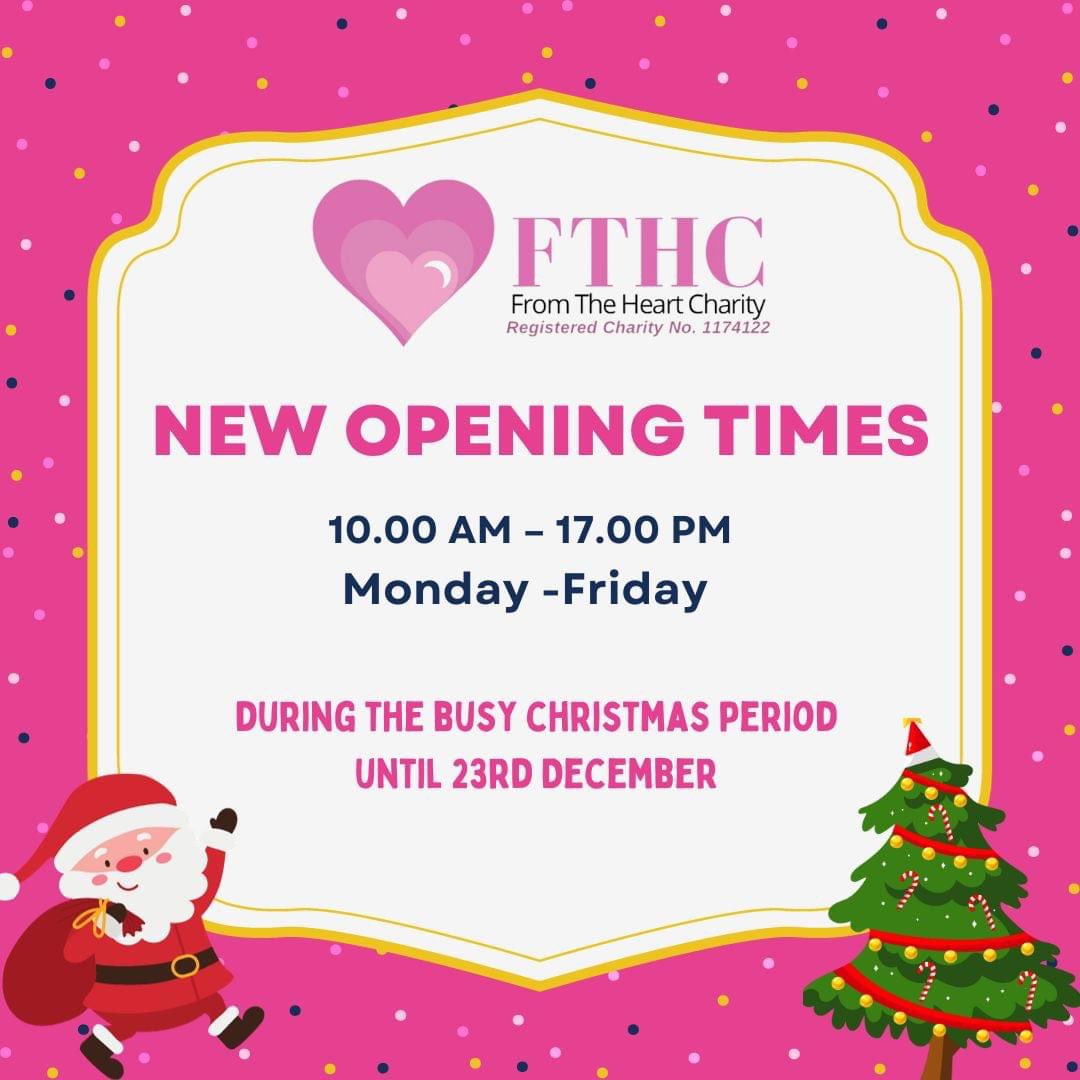 💗 New Opening Times 💗

Due to the high demand of our services, our charity office will now be opening:
Monday -Friday 10am-5pm 

Thank you

#fthc #christmas #highdemand #helpingothers