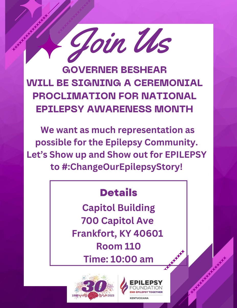 efkentuckiana's tweet image. Please join us in Frankfort for the proclamation signing by Governer Beshear for Epilepsy Awareness Month. Let's pack the Capital to show how big our Epilepsy Community is! See the flyer for details.