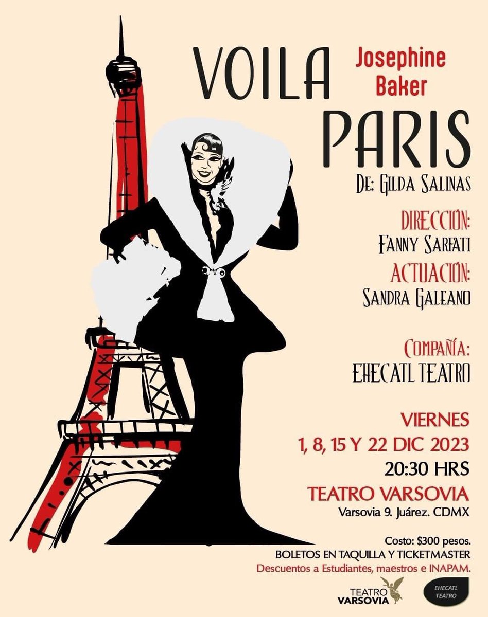 soy_loyolus's tweet photo. “Voila Paris”, la obra basada en la vida de Josephine Baker la primera Vedette internacional, regresa con una breve temporada ahora en el escenario del @TeatroVarsovia.

Con Sandra Galeano.

Dir. @FannySarfati1.

Texto de Gilda Salinas. 

Funciones: 1, 8, 15 y 22 de diciembre. https://t.co/pyczlBPtdv