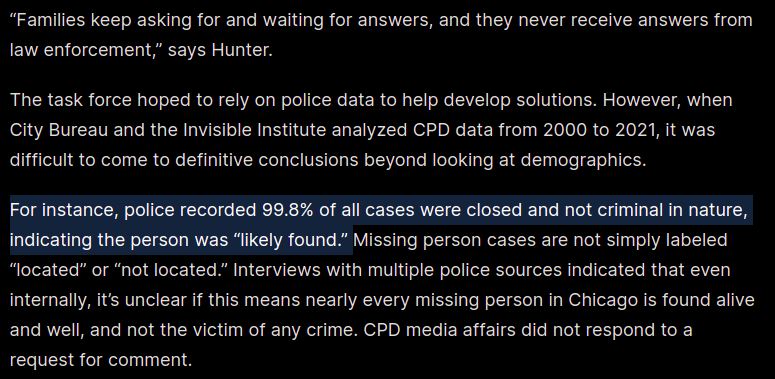 Still reading @trinattrill and @sarahanneconway's investigation but this stopped me in my tracks. There have been 340k+ missing person cases in the last 20 years (the majority of them Black children), but CPD data won't tell you what happened to 99.8% of them: