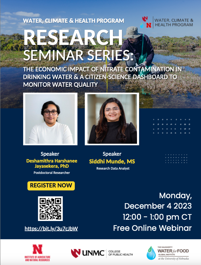 The <a href="/UNMC_WCHP/">UNMC Water, Climate & Health Program</a> has scheduled their December Research Seminar Series! The free webinar will cover the economic impact of nitrate contamination in drinking water and water quality monitoring.

Register here: unmc.zoom.us/webinar/regist…