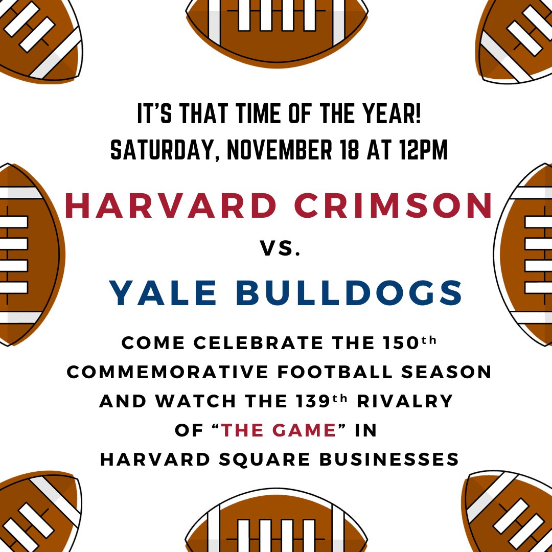 It's time for 'The Game'! This year it's Yale's turn to host the 139th rivalry, so come catch the game in Harvard Square businesses. #harvardsquare #harvardcrimson Harvard University #harvardfootball #harvardyale #GoCrimson harvardsquare.com/catch-the-harv…