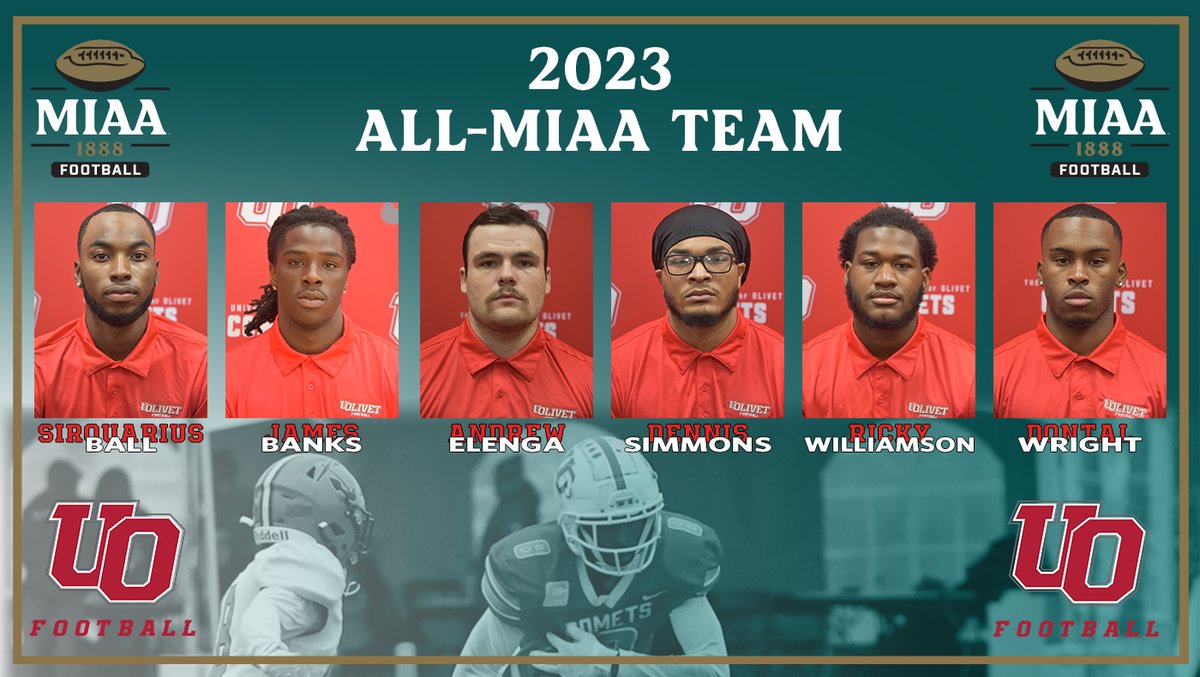 Six players from the @uolivetfootball team have earned All-MIAA honors. In addition, SirQuarius Ball has received the Pete Schmidt Scholar-Athlete Award. READ -- olivetcomets.com/sports/fball/2… #GoCOMETS #d3fb