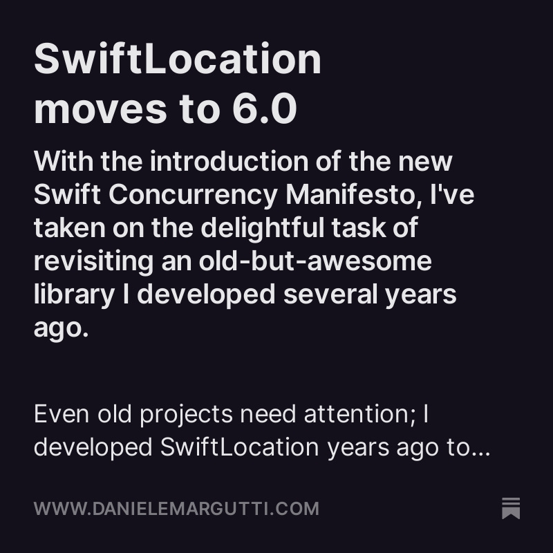 Even old projects need attention; I developed SwiftLocation years ago to enhance the management of CLLocationManager APIs without depending on  delegates. Today I've taken on the delightful task of revisiting it! #iosdev #swiftlang #swift danielemargutti.com/p/swiftlocatio… RT is appreciated