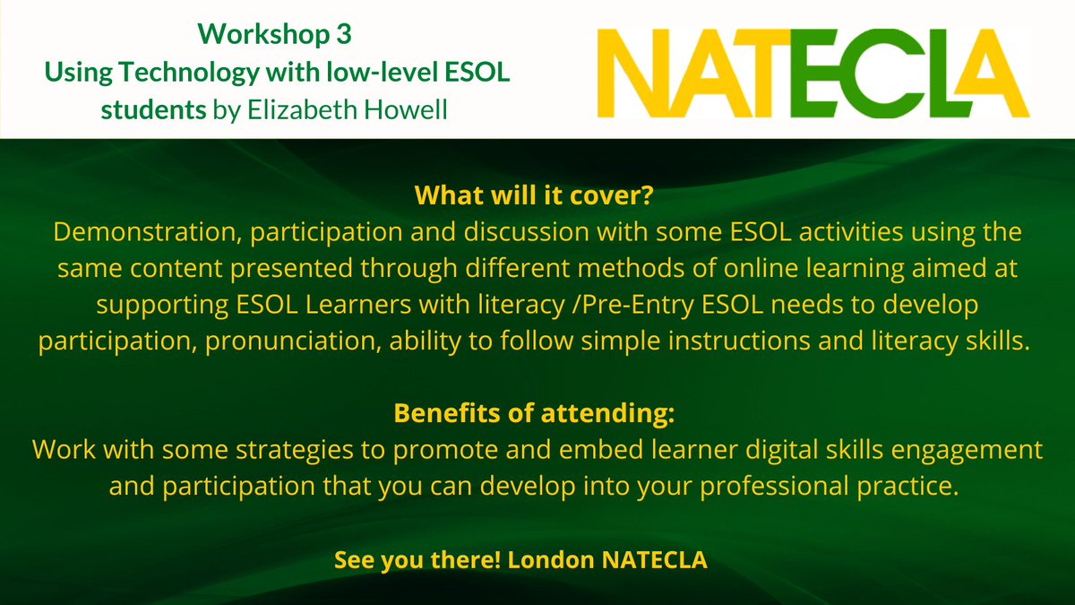 NATECLA London (@nateclaldn) on Twitter photo Save the date for our face2face conference on Friday 1st Dec (10-2)
"Digital technologies: Friend or Foe?’
City Lit, 1 - 10 Keeley Street, WC2B 4BA
We are capped at 40, so book now: bit.ly/London-Dec2023
<a href="/NATECLA/">NATECLA National Centre</a> <a href="/NateclaEast/">NATECLA East Of England</a> <a href="/NATECLA_NW/">NATECLA NW Branch</a>
#ESOLchat #ESOL Save the date for our face2face conference on Friday 1st Dec (10-2)
"Digital technologies: Friend or Foe?’
City Lit, 1 - 10 Keeley Street, WC2B 4BA
We are capped at 40, so book now: bit.ly/London-Dec2023
<a href="/NATECLA/">NATECLA National Centre</a> <a href="/NateclaEast/">NATECLA East Of England</a> <a href="/NATECLA_NW/">NATECLA NW Branch</a>
#ESOLchat #ESOL