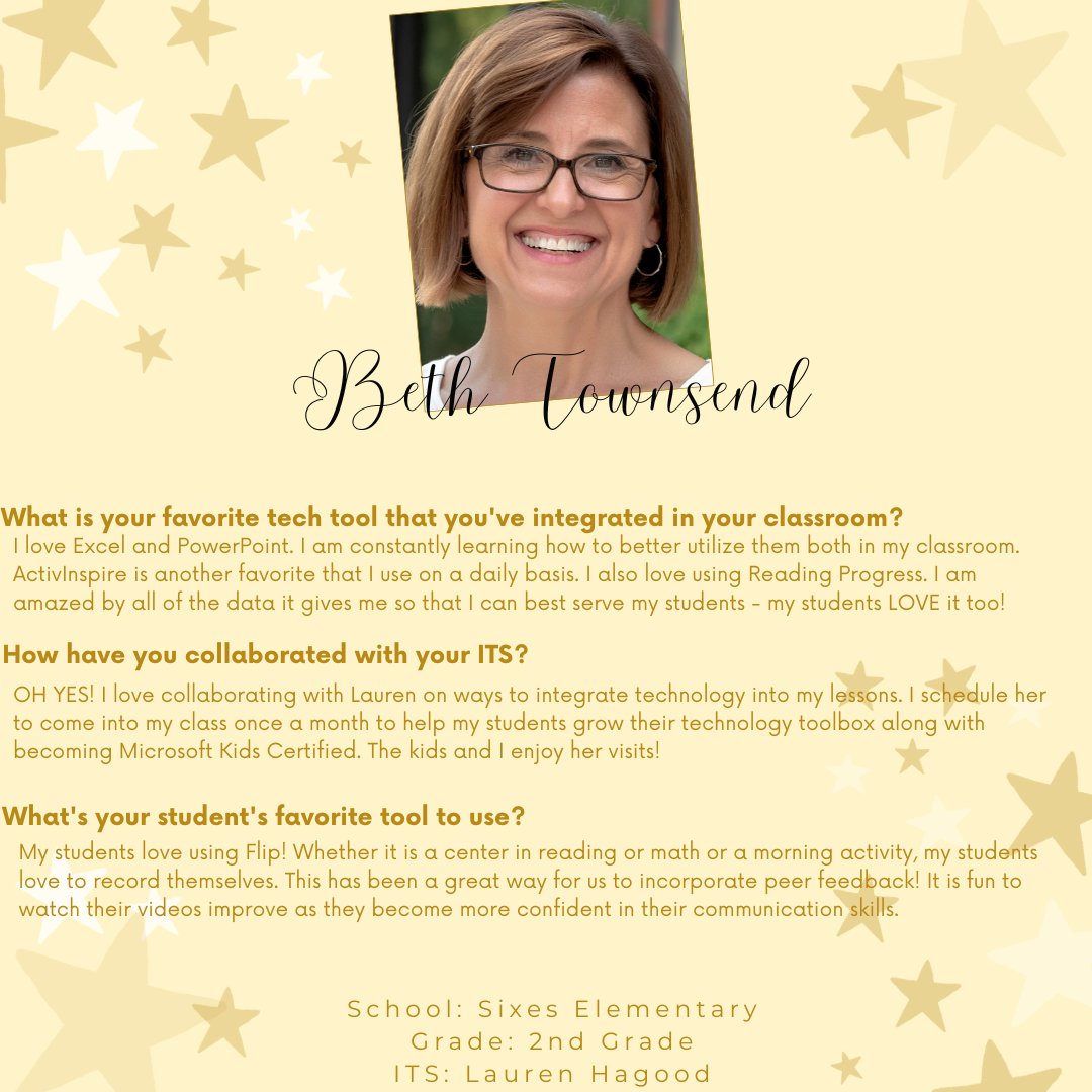 Happy Tech Tuesday! Meet Beth Townsend 🌟 Beth is a 2nd grade teacher at Sixes Elementary . Beth loves using Reading Progress from @MicrosoftEDU Interested in learning more about Reading Progress? Book your ITS for more information ✔