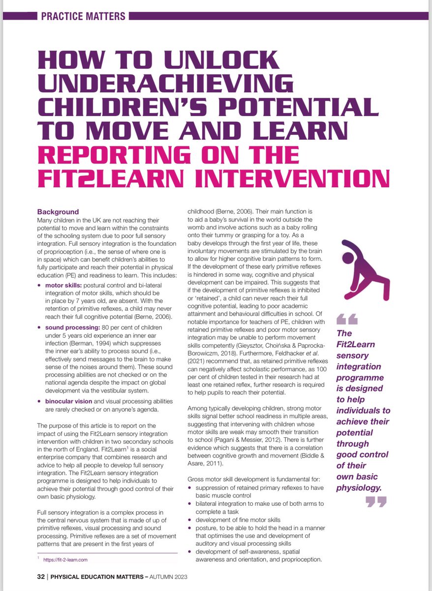 So pleased to have article published in @afPE_PE #PEMatters journal @carolhawman to share mine & @Tom_vanRossum research findings on #Fit2Learn project.  See here for full paper: tinyurl.com/ey3c44uw #primitivereflexes @YouthSportTrust