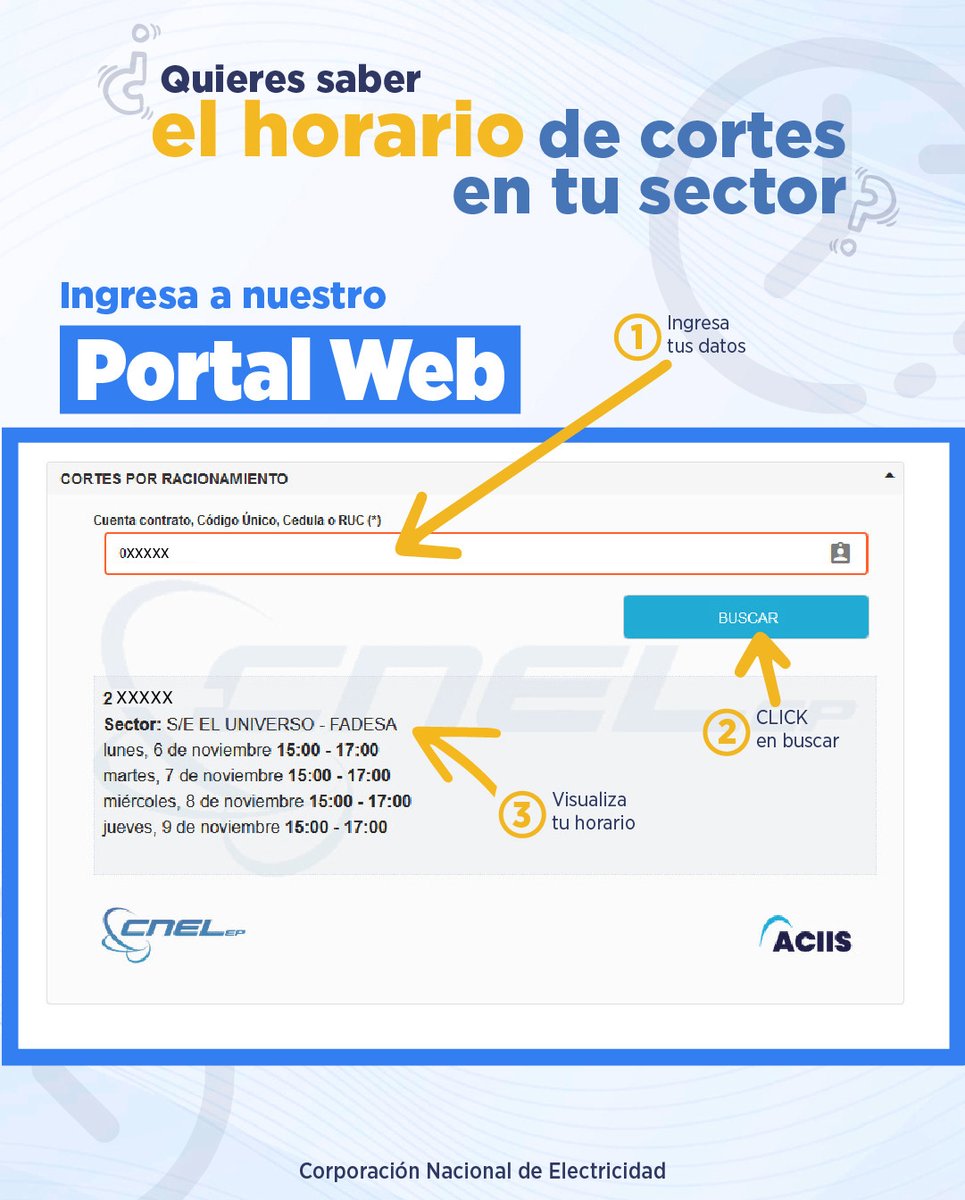 CNEL_EP's tweet photo. Conozca si su sector de domicilio o negocio consta en el horario de las desconexiones programadas con solo registrar:  

🔸Cuenta contrato
🔸Código Único
🔸Cédula o RUC del cliente

Ingrese aquí: https://t.co/FYD1sLp0gE https://t.co/gQ9wvaSBIp