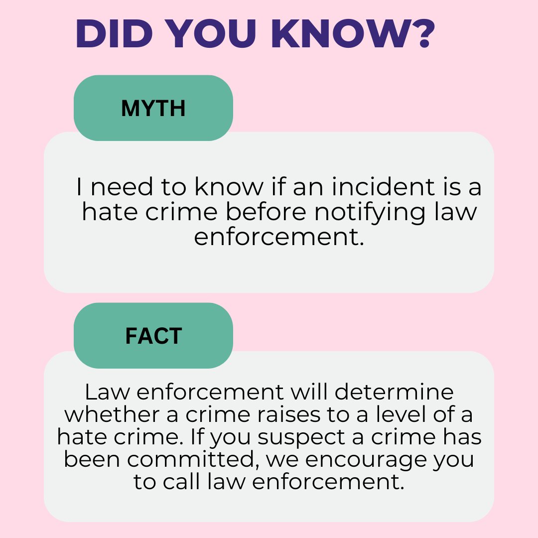 SDantihate's tweet photo. Did you know that hate crimes and hate incidents are underreported? Many times, these incidents are not reported due to fear or misconceptions. Here are some of the most comment myths and facts about hate crimes and incidents.
#SDUnitedAgainstHateWeek #UnitedAgainstHateWeek https://t.co/0E5By31Vtc