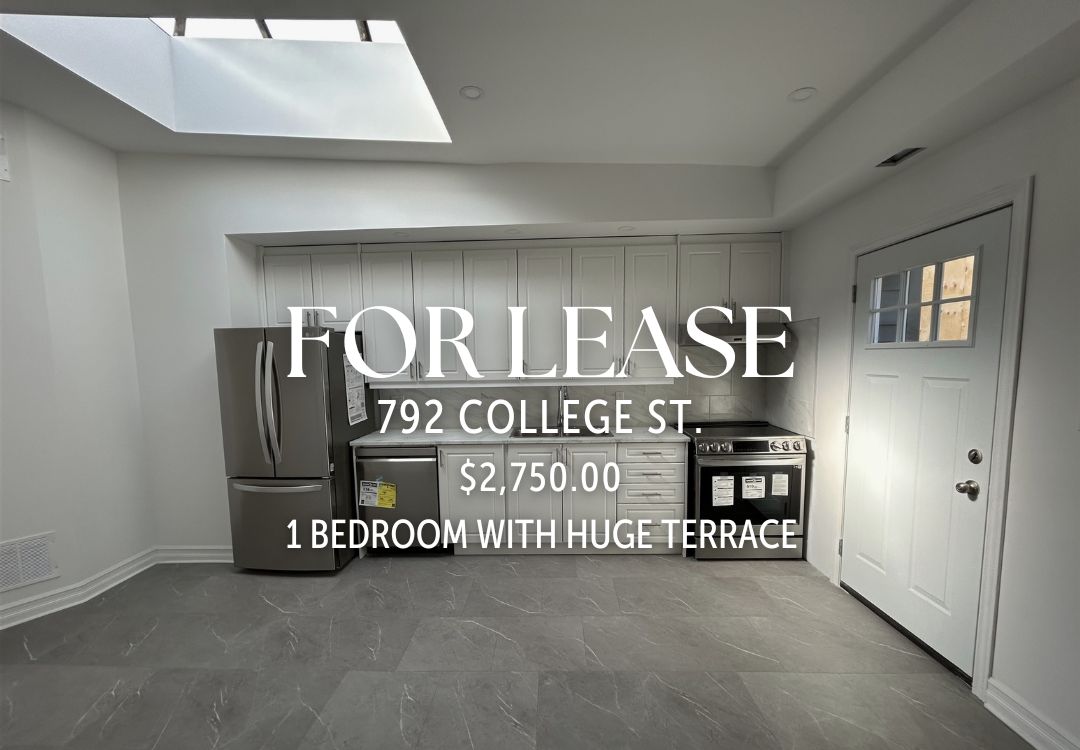 NEW PRICE – 792 College St FOR LEASE!
1 BR - Right in the heart of Little Italy! Brand spanking new!  9-ft ceilings, open concept, stainless steel appliances &amp; drenched in natural sunlight from the skylight.  Walk-in closet &amp; spacious terrace, too! 
instagram.com/p/CzovOFdJI_g/