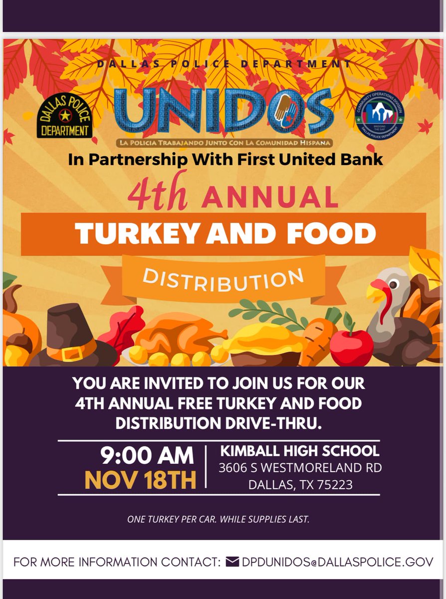 You’re invited to join us for our 4th annual Free Turkey Drive Drive Thru Justin F. Kimball High School on Sat Nov 18th 9 am #RegioniVRising @Tanya_N_Shelton